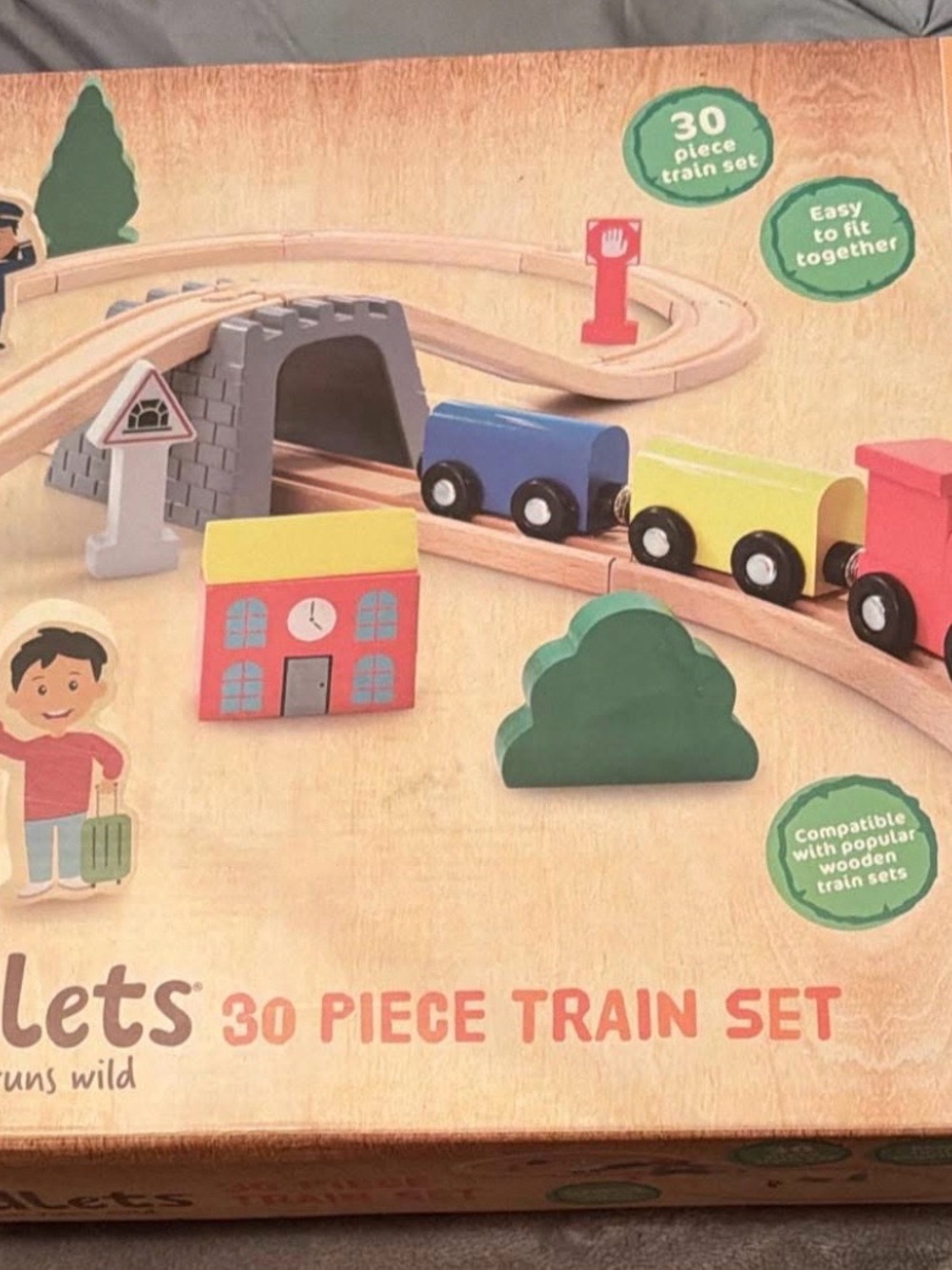 30-Piece Wooden Train Set with Blue & Yellow Cars by